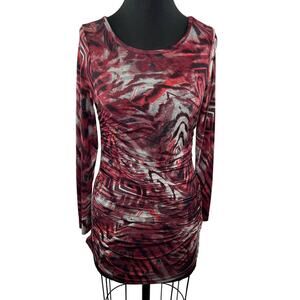 Marc Bouwer Red Black Printed Long Sleeve Ruched Blouse Top Jersey Knit XXS